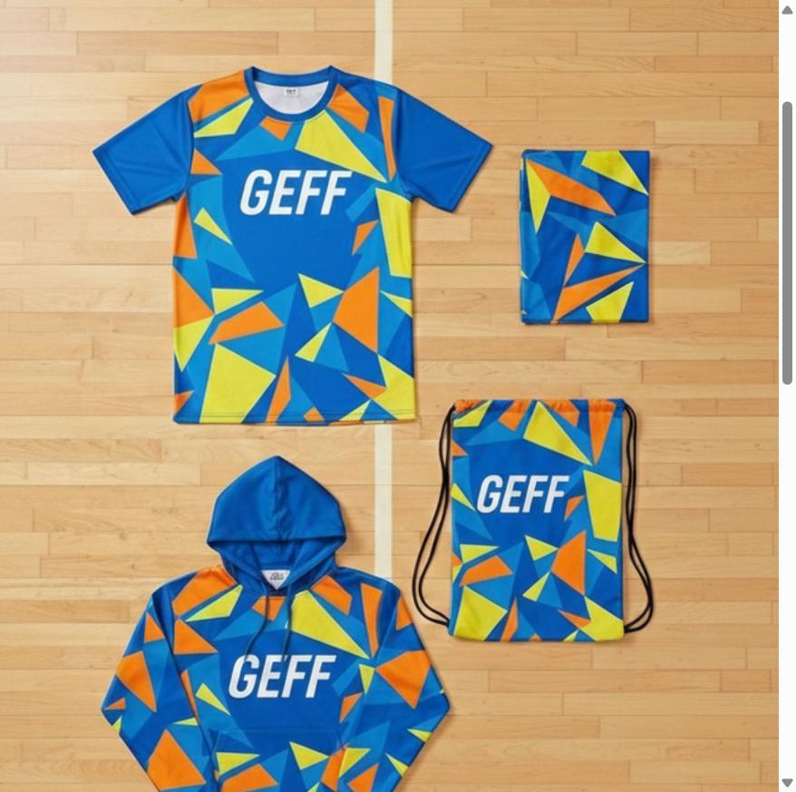 קולקציית ביגוד ספורט מותאם אישית של GEFF בעיצוב דיגיטלי מלא - חולצה, קפוצון ותיק